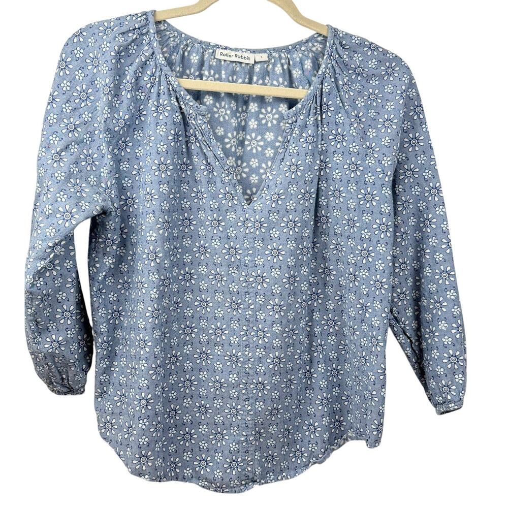 Roller Rabbit Blue Floral Daisy Top Size Small 100% Cotton